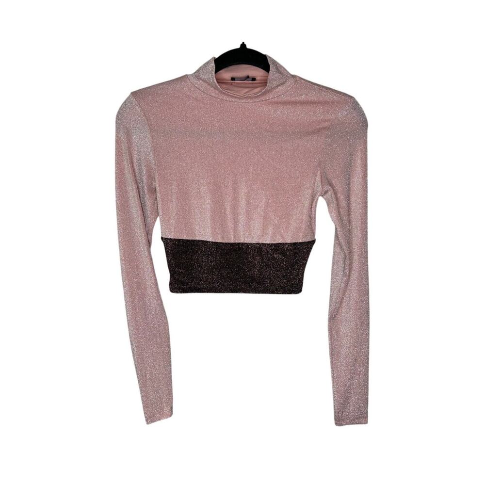 Naked Wardrobe NWT Sparkle‎ Colorblock Mock Neck Crop Top S Pink Brown Shimmer